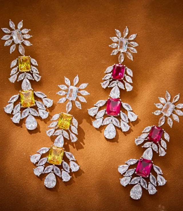 Floral Motif Pink and Clear Stone Chandelier Earrings 7