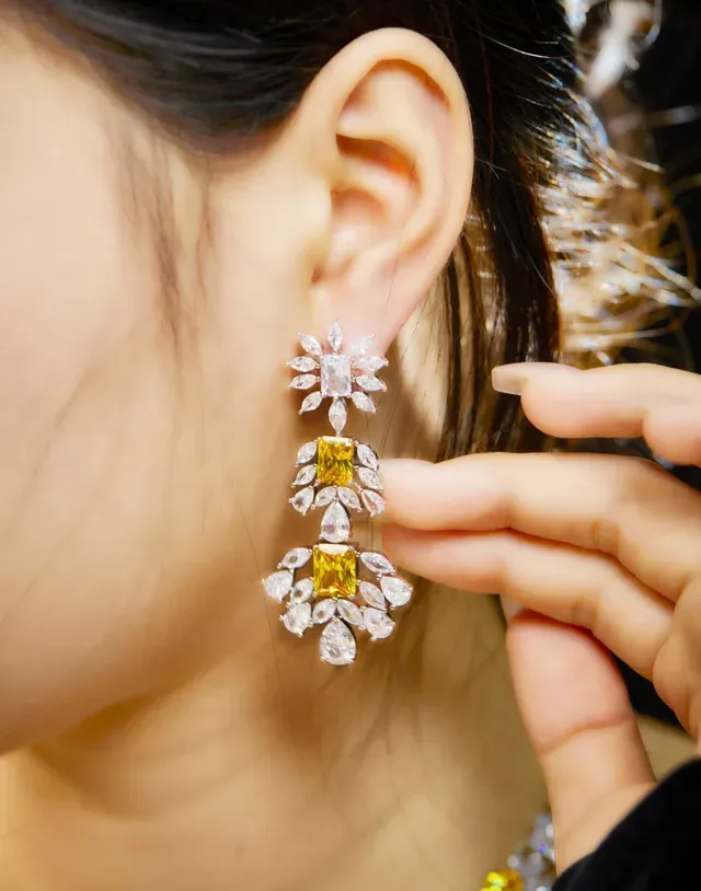 Floral Motif Pink and Clear Stone Chandelier Earrings 8