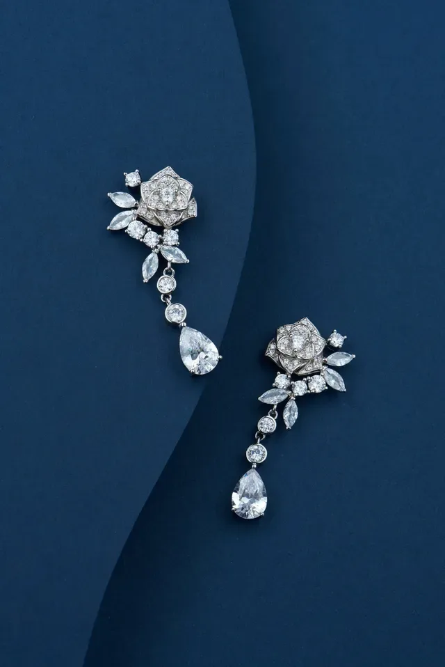 Floral Motif Teardrop Pendant Dangling Earrings 8