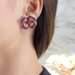 Floral Pave-Set Pink and Red Gemstone Flower Earring