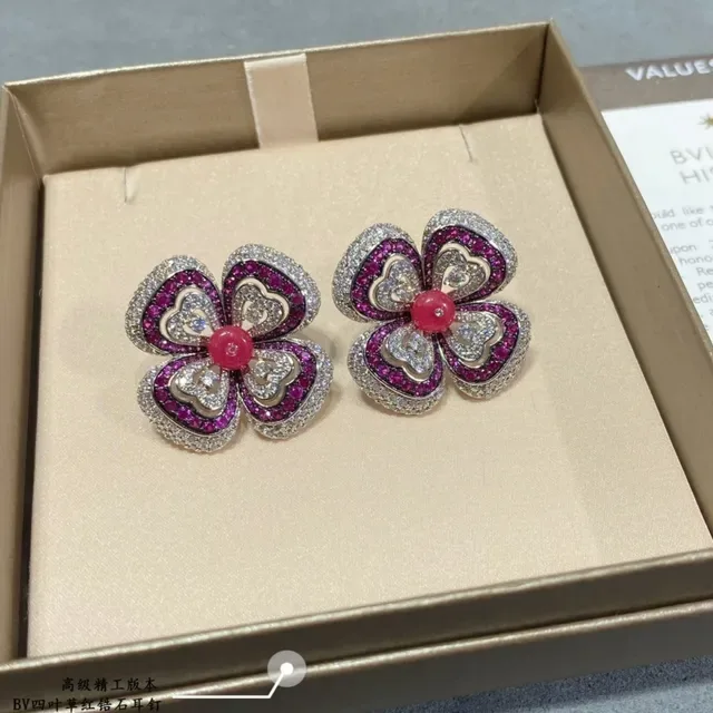 Boucles d'oreilles florales Pave-Set gemmes roses et rouges 6