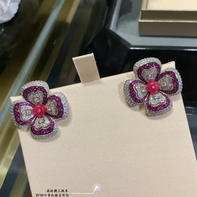 Boucles d'oreilles florales Pave-Set gemmes roses et rouges 8