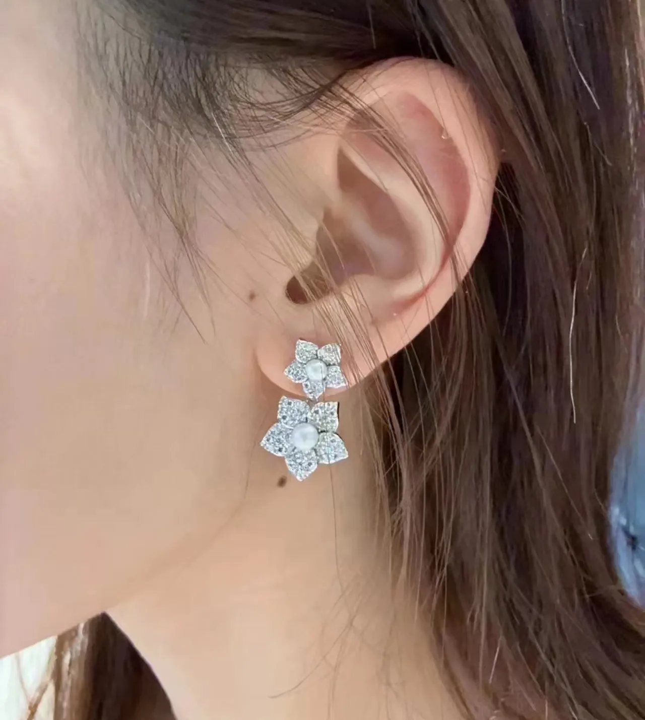 Floral Pearl and Pave Stone Double-Tier Earrings 2