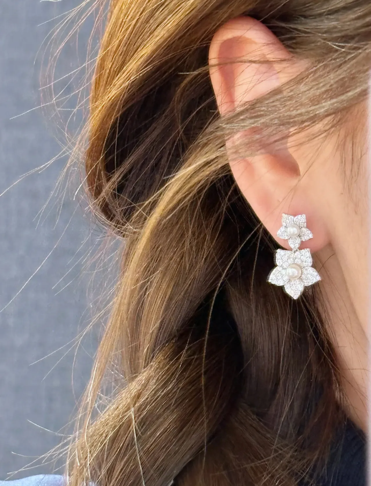 Floral Pearl and Pave Stone Double-Tier Earrings 3