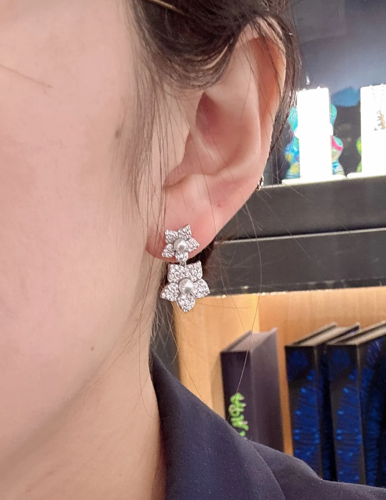 Floral Pearl and Pave Stone Double-Tier Earrings 4