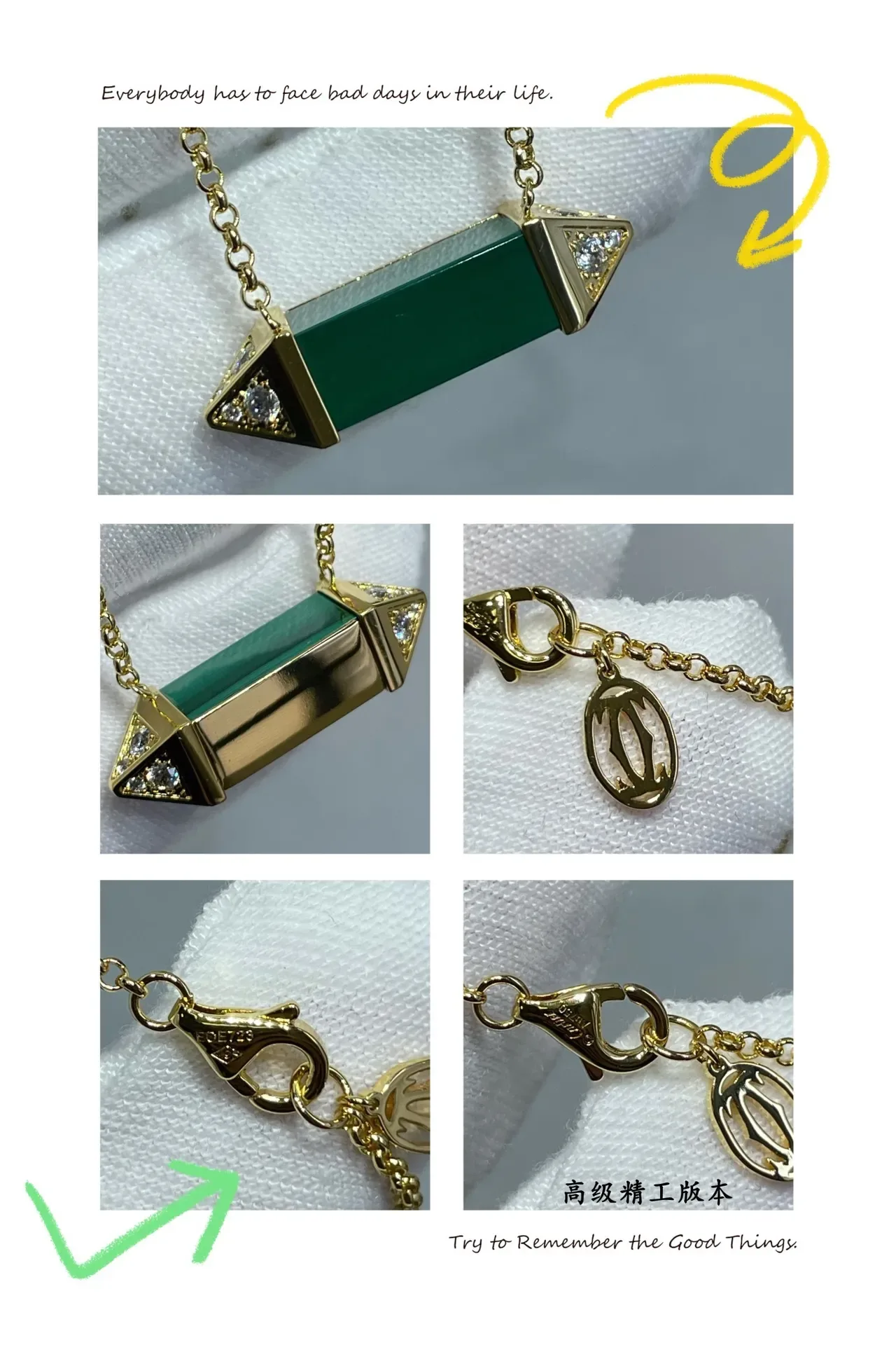 Geometric Cylindrical Green Stone Pendant Necklace 2
