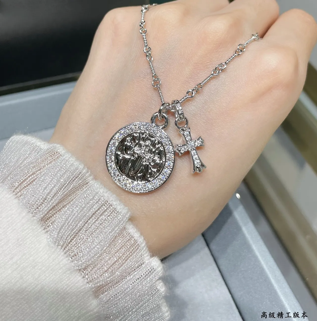 Gold and Silver Tone Pave-Crystal Medallion Cross Pendant Necklaces 3