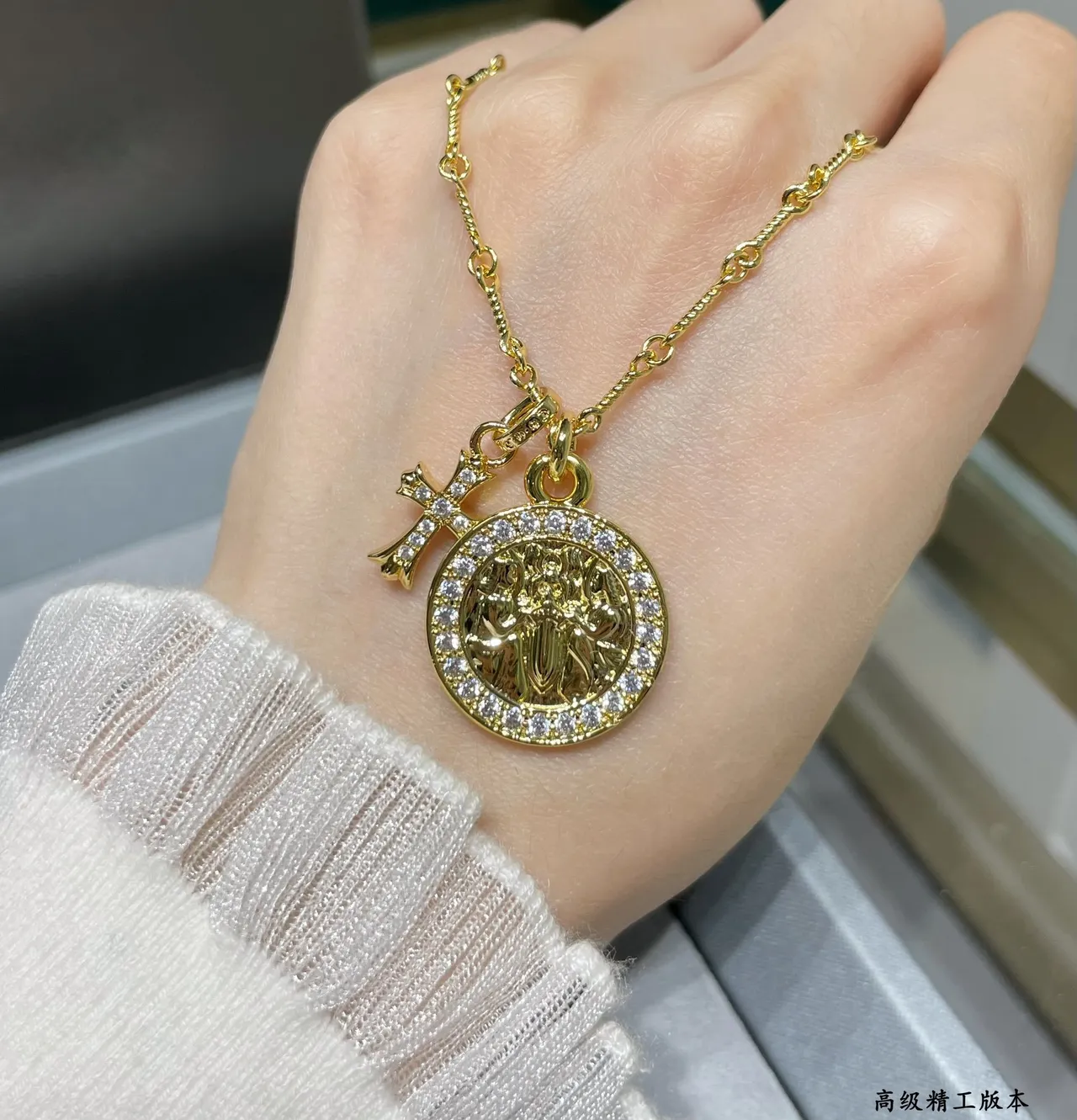 Gold and Silver Tone Pave-Crystal Medallion Cross Pendant Necklaces 4