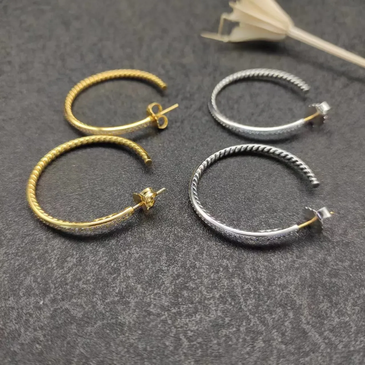 Gold and Silver Twisted Rope Pavé Hoop Earrings 7