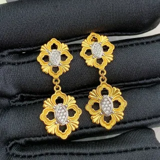 Gold and White Pavé Floral Drop Earrings