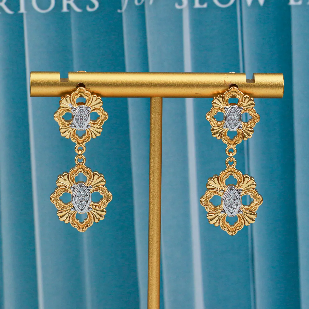 Gold and White Pavé Floral Drop Earrings 2