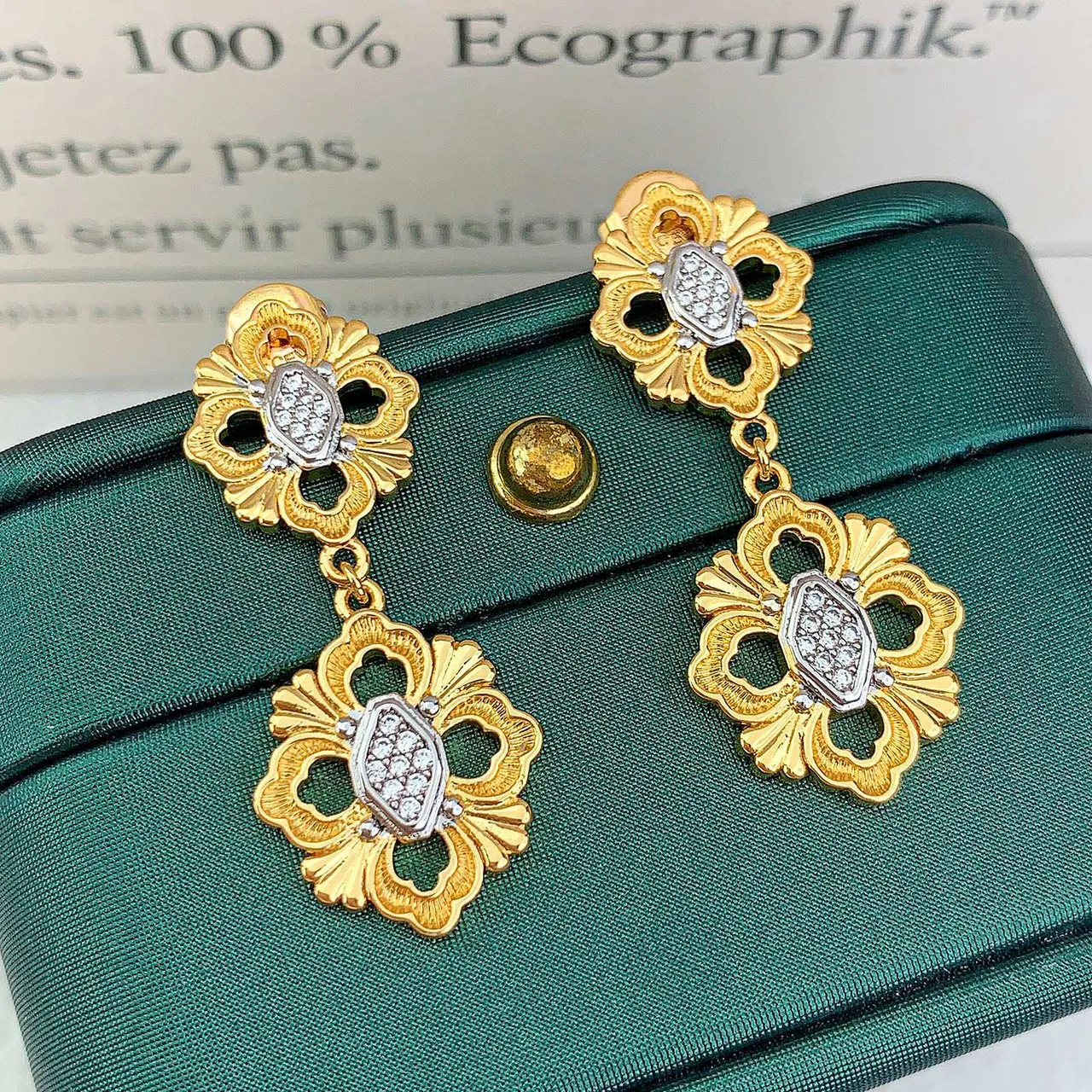 Gold and White Pavé Floral Drop Earrings 3