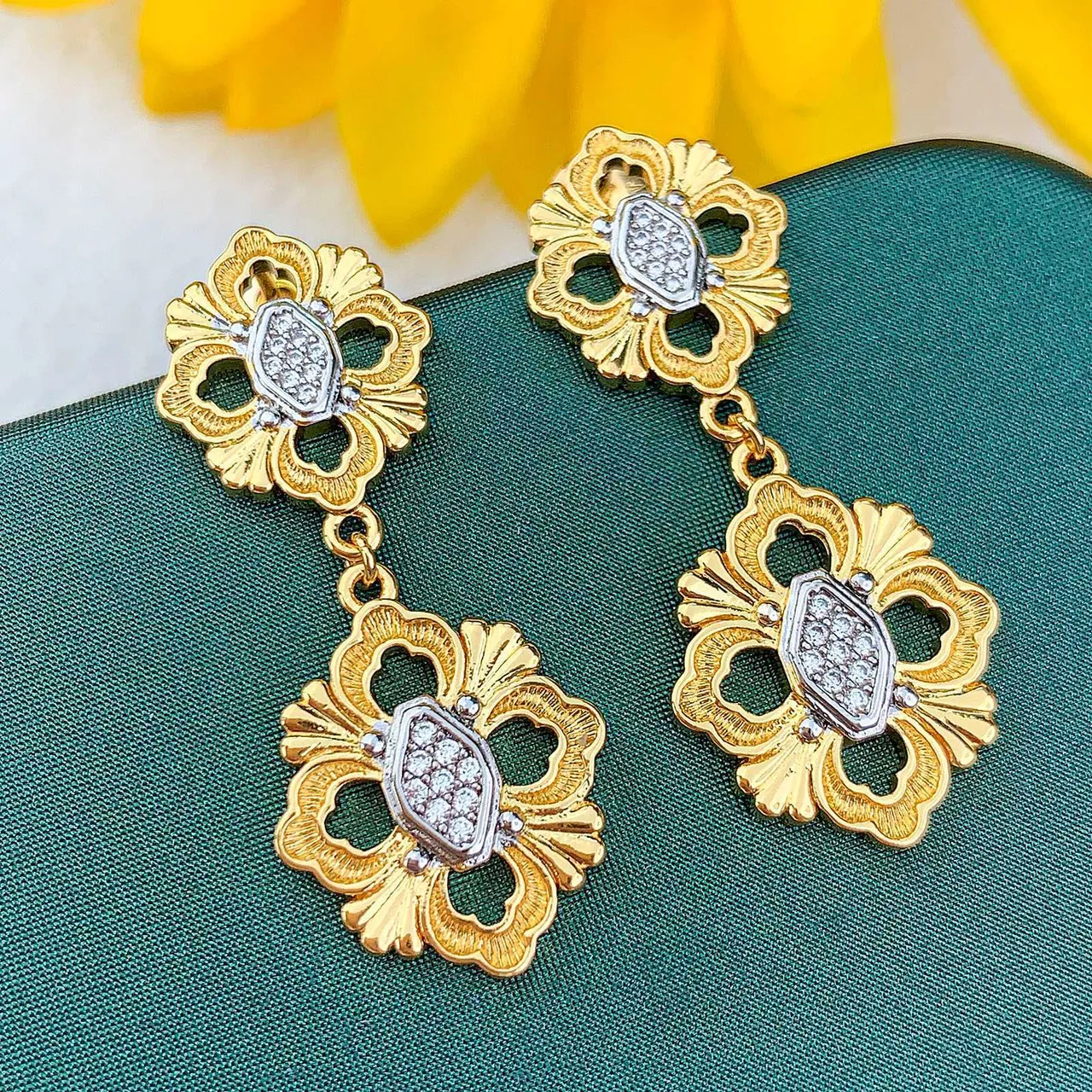 Gold and White Pavé Floral Drop Earrings 4
