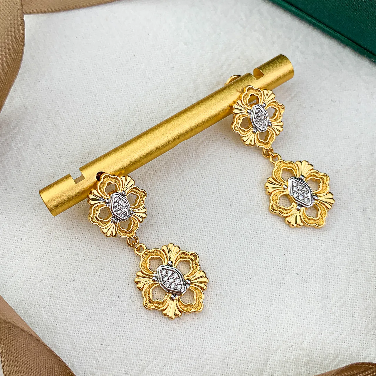 Gold and White Pavé Floral Drop Earrings 5