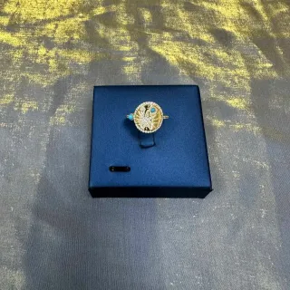 Gold Blue Ornate Circular Face Pavé-Set White Stones Ring