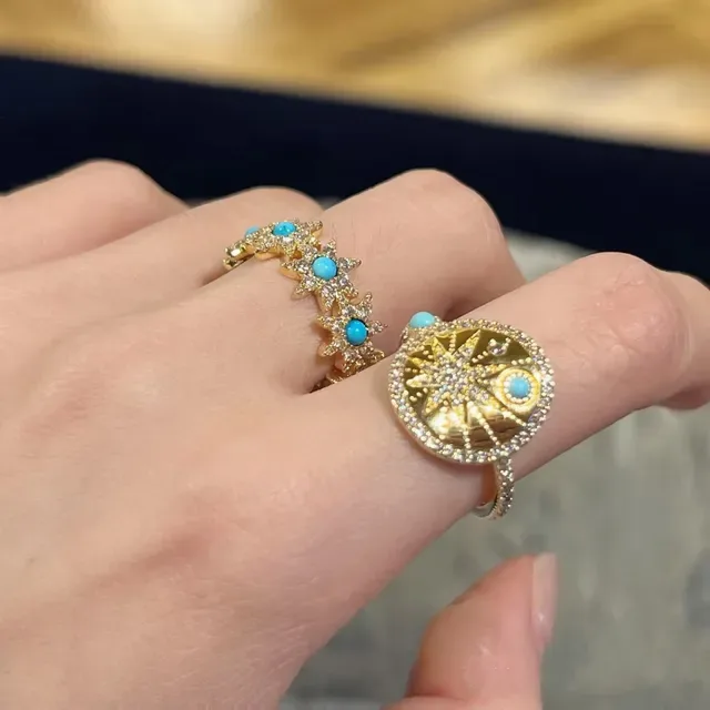 Gold Blue Ornate Circular Face Pavé-Set White Stones Ring 4