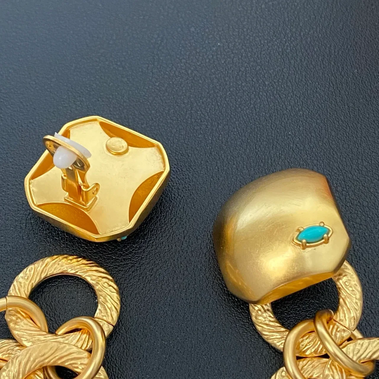Gold Blue Textured Chain-Link Earrings 2