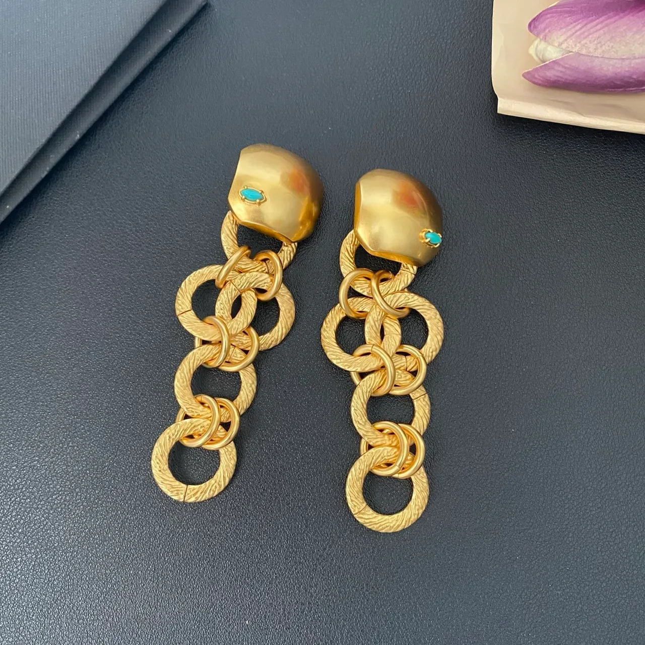 Gold Blue Textured Chain-Link Earrings 4