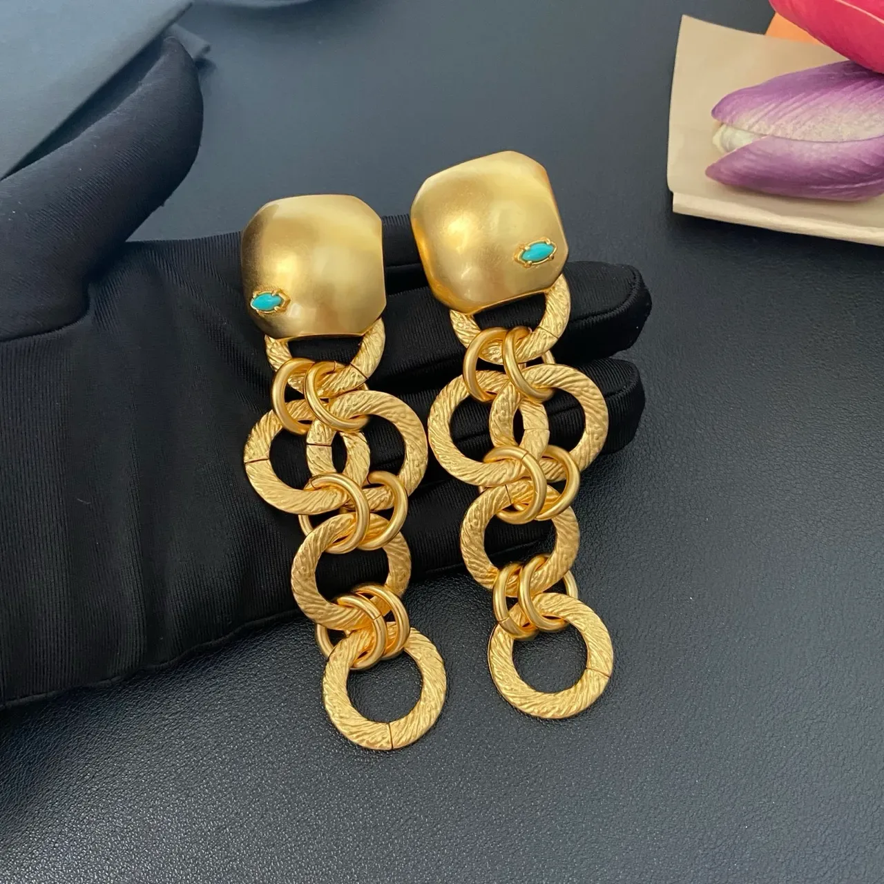 Gold Blue Textured Chain-Link Earrings 5