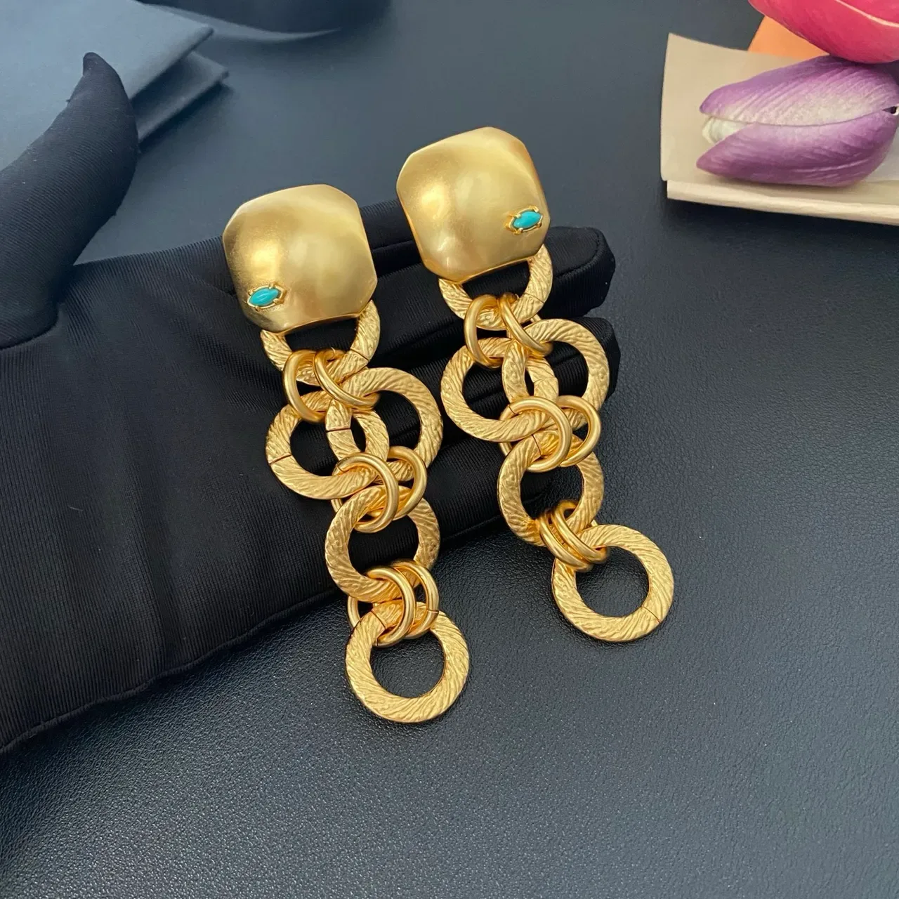 Gold Blue Textured Chain-Link Earrings 6