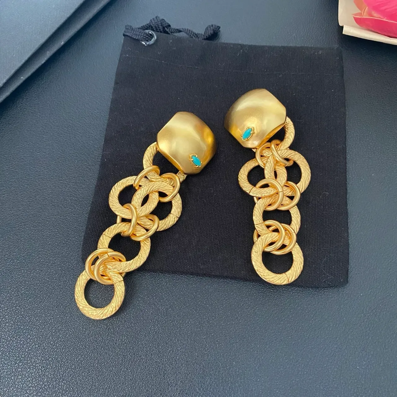 Gold Blue Textured Chain-Link Earrings 7