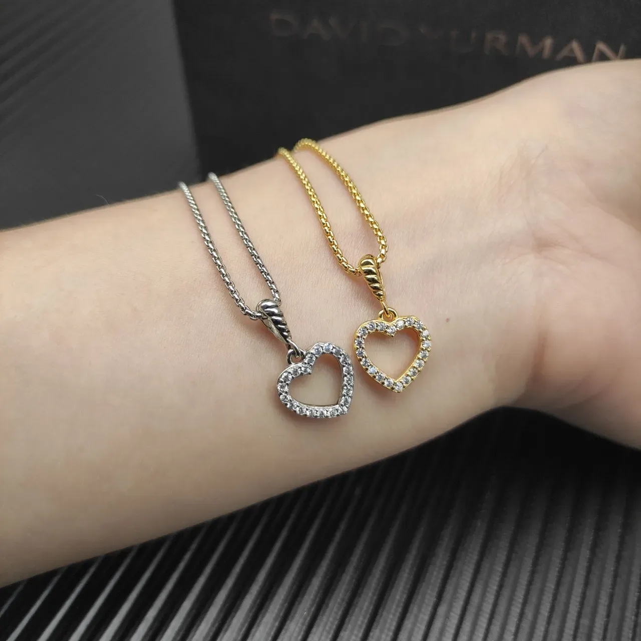 Gold Box Chain Pavé Open-Heart Pendant Necklace 3