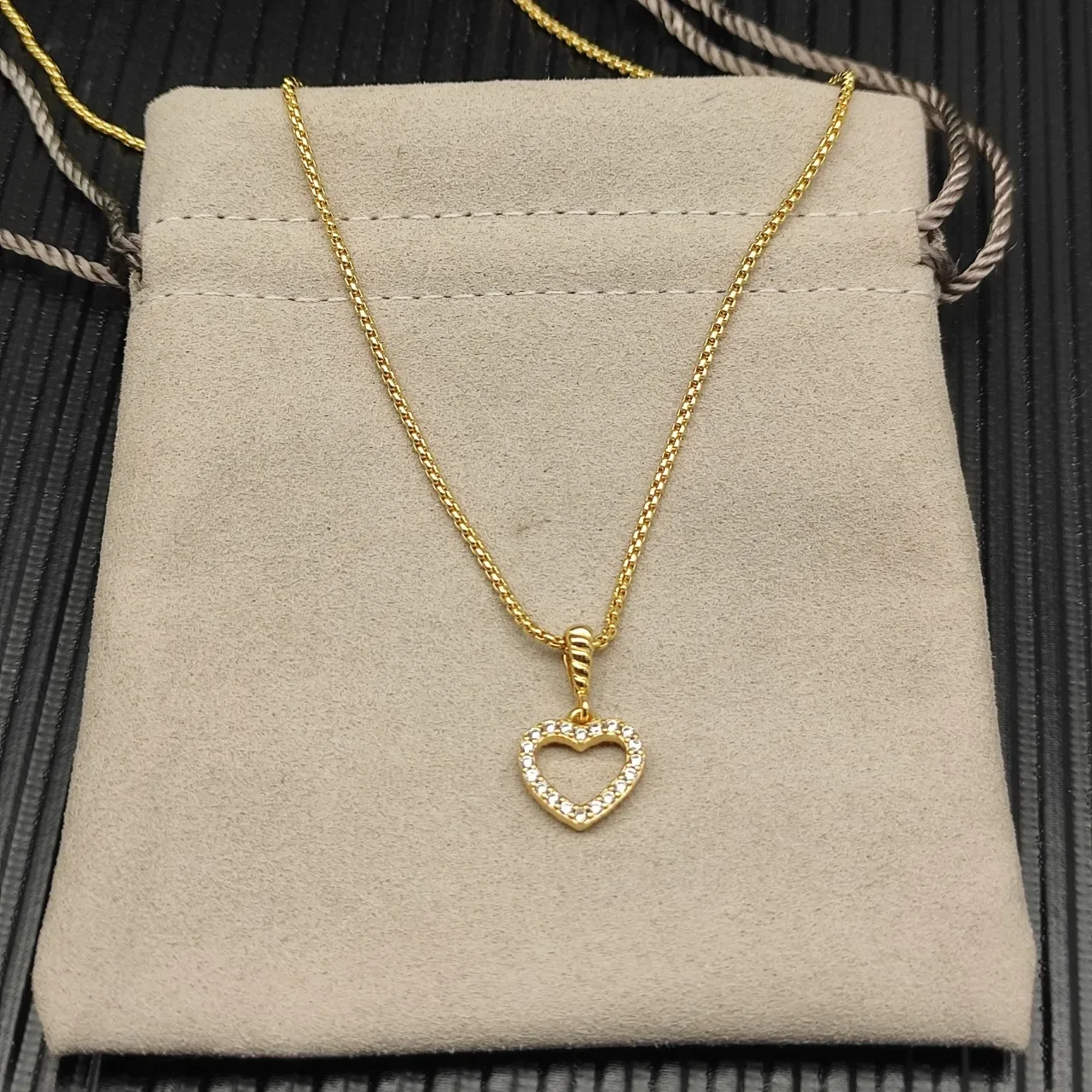 Gold Box Chain Pavé Open-Heart Pendant Necklace 8
