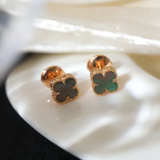 Gold Green Clover-Shaped Beaded Border Earrings 3