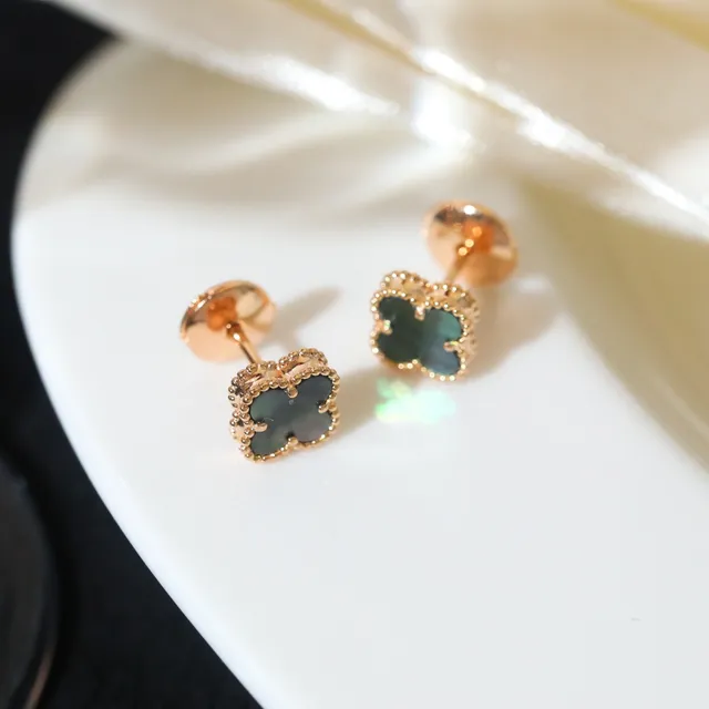 Gold Green Clover-Shaped Beaded Border Earrings 9