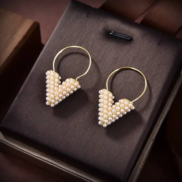 Gold Hoop Pearl Heart Dangling Earrings 3