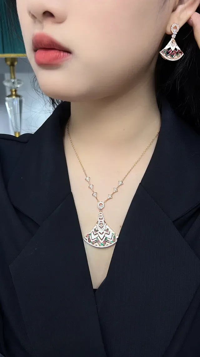 Gold Multicolor Enamel Geometric Pendant Necklace 5