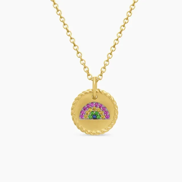Gold Multicolor Rope-Edge Circular Pendant Pavé-Set Rainbow Gemstone Arc Necklace 1