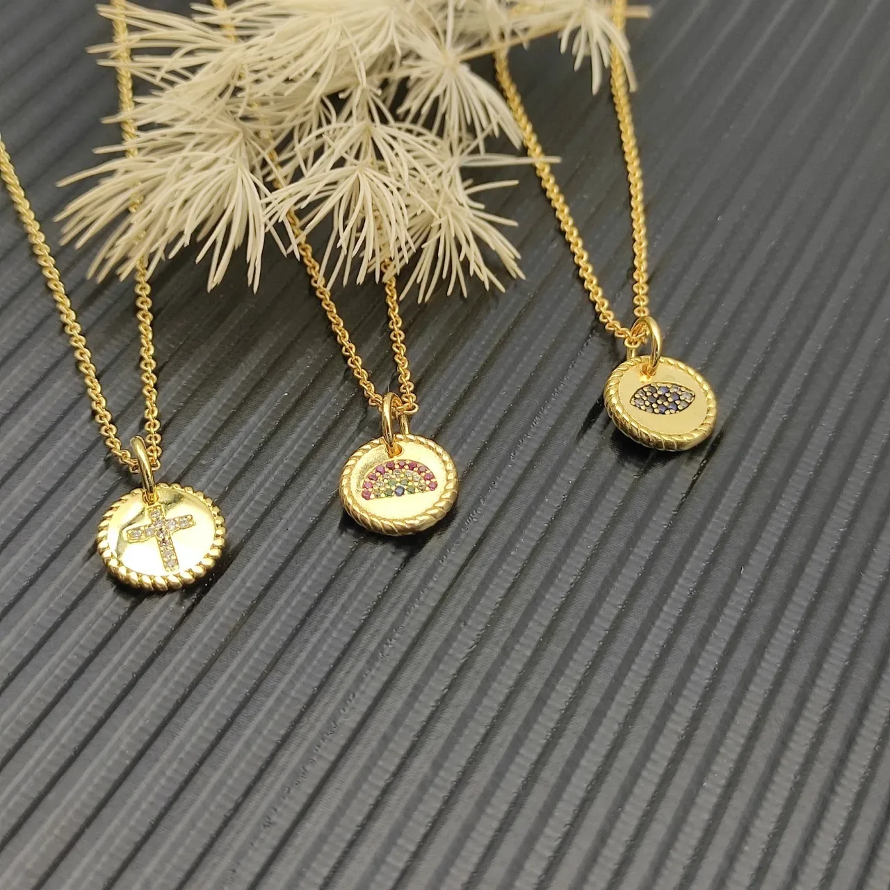 Gold Multicolor Rope-Edge Circular Pendant Pavé-Set Rainbow Gemstone Arc Necklace 2