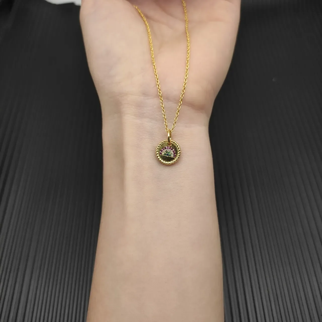 Gold Multicolor Rope-Edge Circular Pendant Pavé-Set Rainbow Gemstone Arc Necklace 5