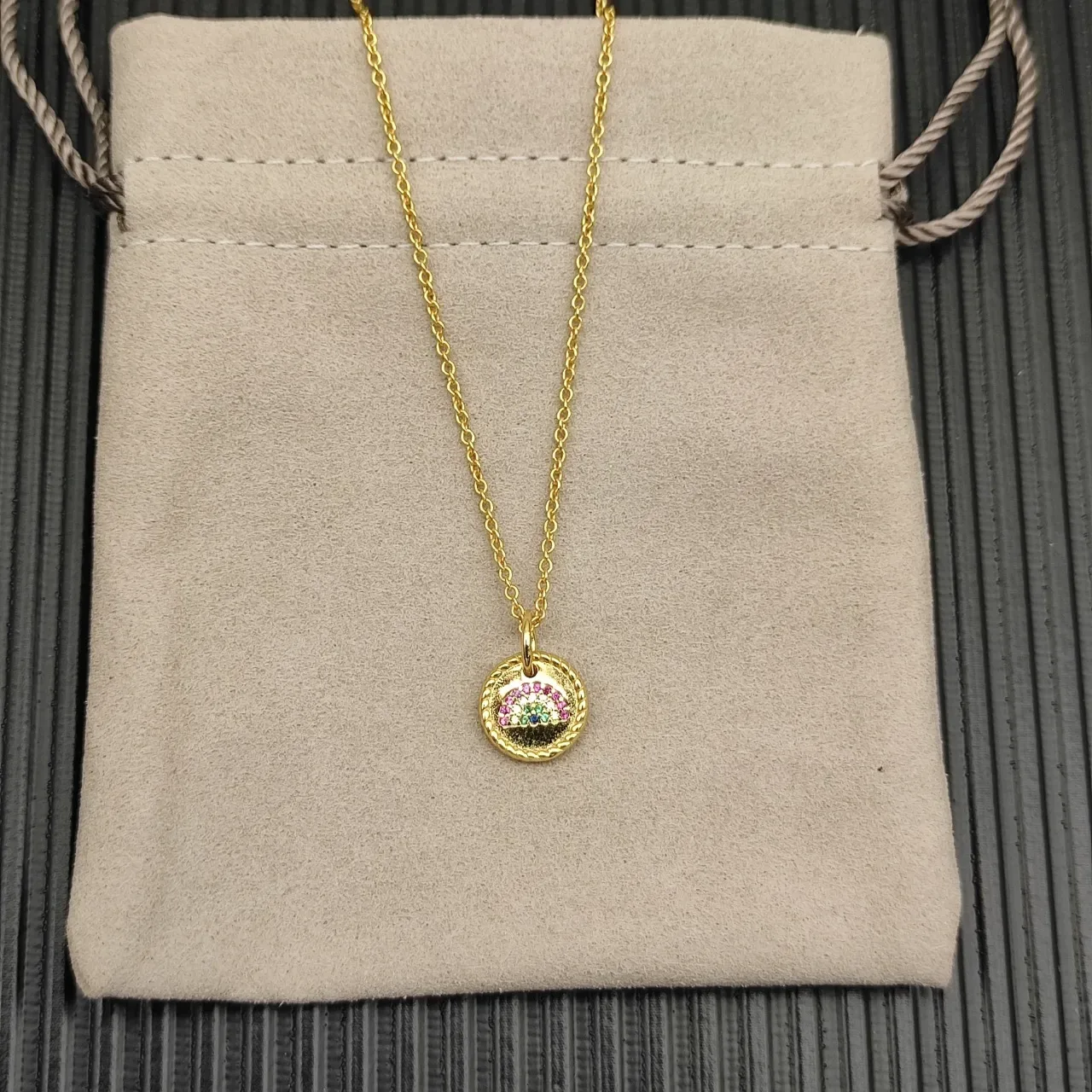 Gold Multicolor Rope-Edge Circular Pendant Pavé-Set Rainbow Gemstone Arc Necklace 6