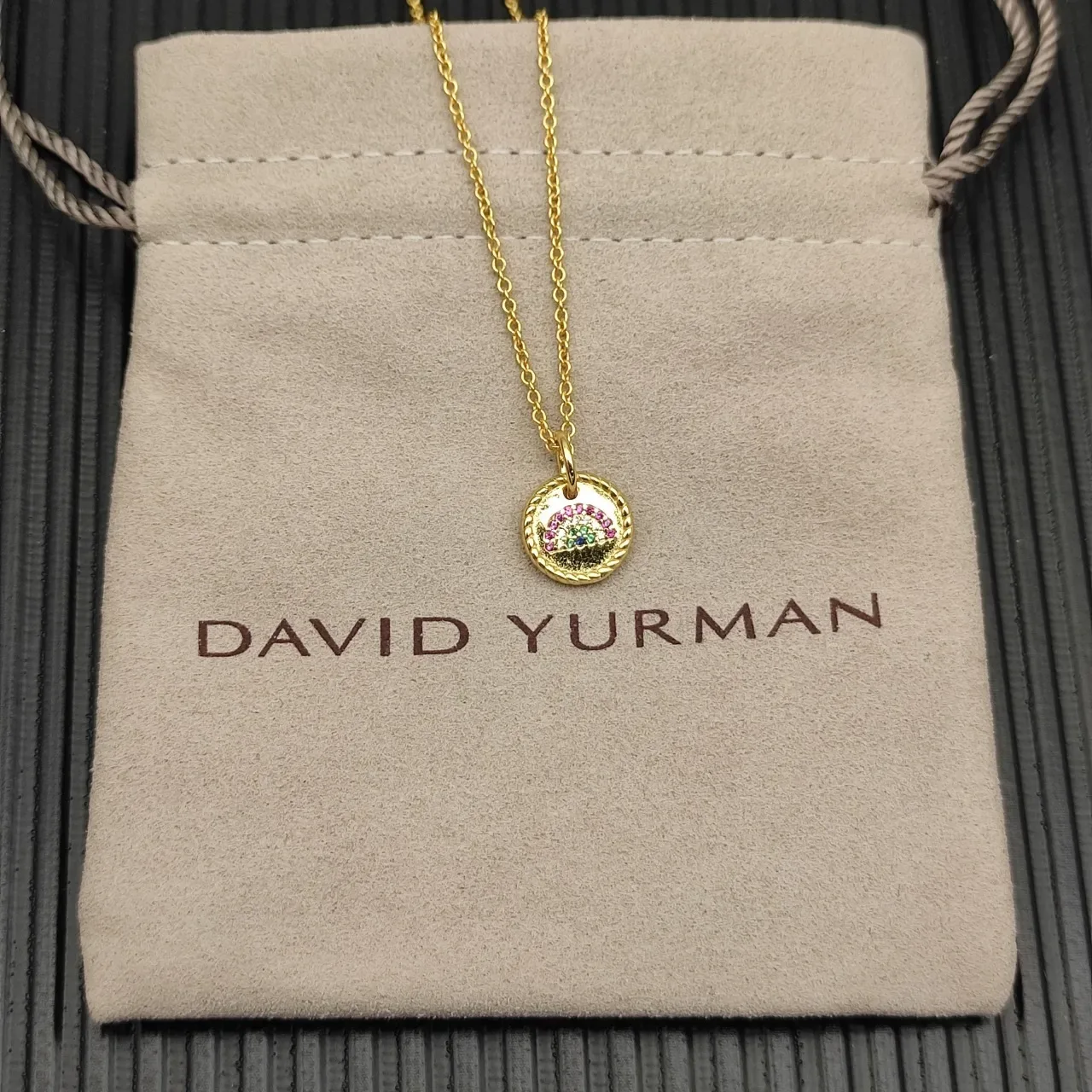 Gold Multicolor Rope-Edge Circular Pendant Pavé-Set Rainbow Gemstone Arc Necklace 7