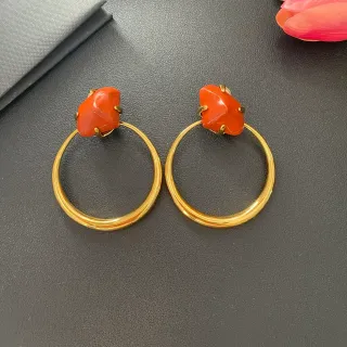 Gold Orange Hoop Cabochon-Set Earrings