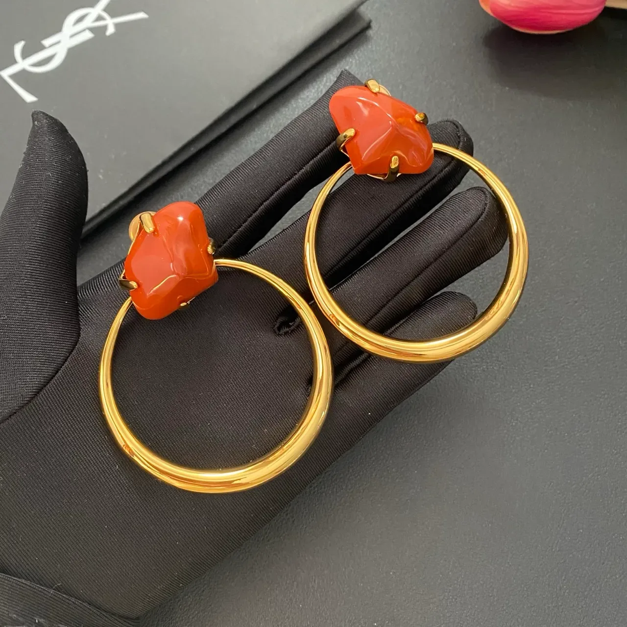 Gold Orange Hoop Cabochon-Set Earrings 6