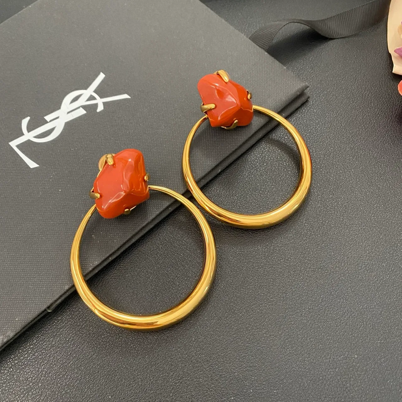 Gold Orange Hoop Cabochon-Set Earrings 7