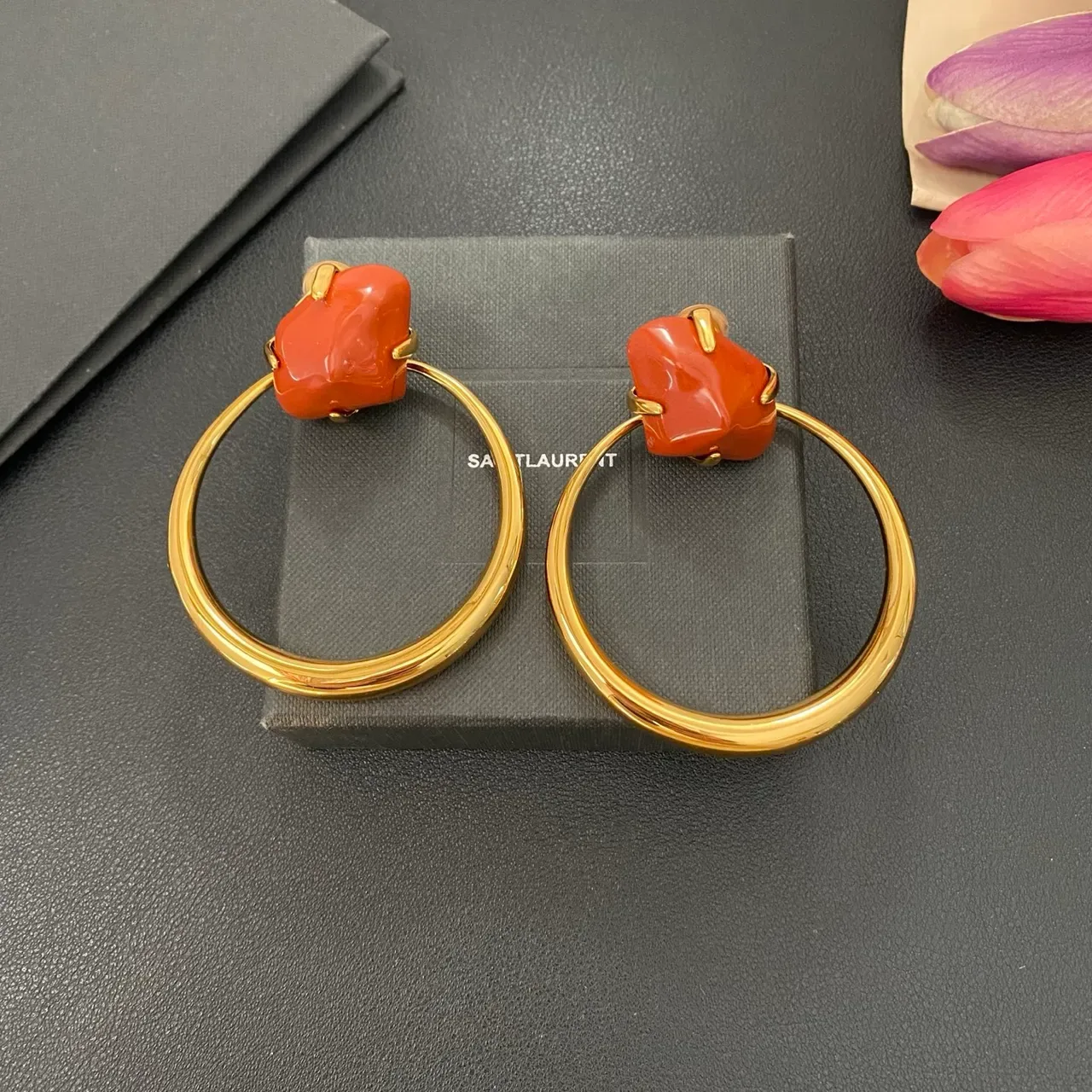 Gold Orange Hoop Cabochon-Set Earrings 8