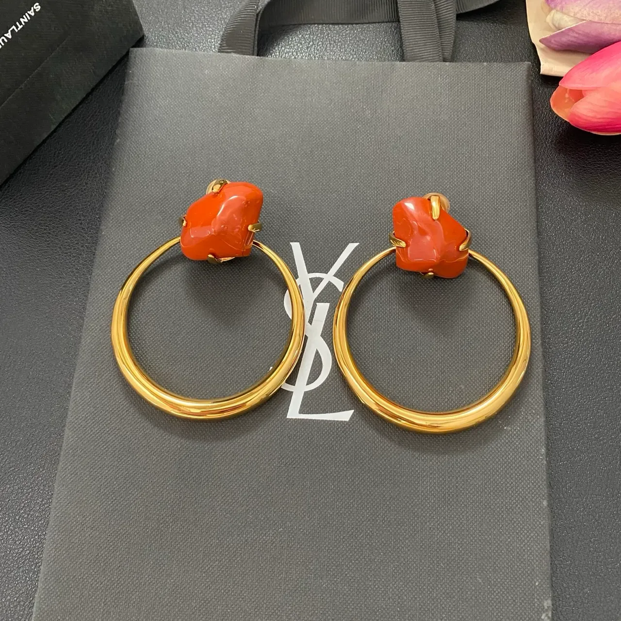 Gold Orange Hoop Cabochon-Set Earrings 9