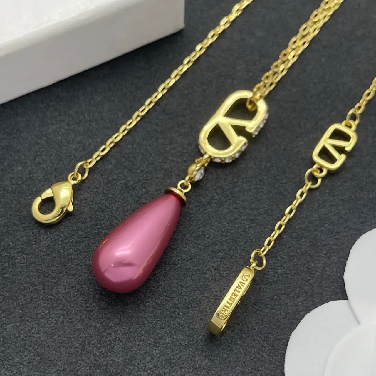 Gold Pink Chain Stylized Logo Pendant Necklace 3