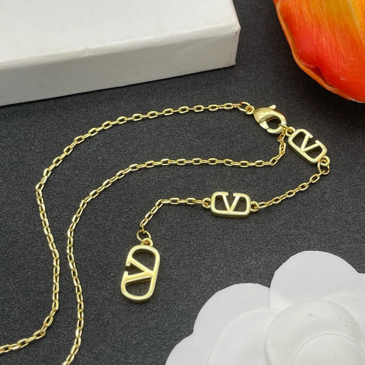 Gold Pink Chain Stylized Logo Pendant Necklace 5
