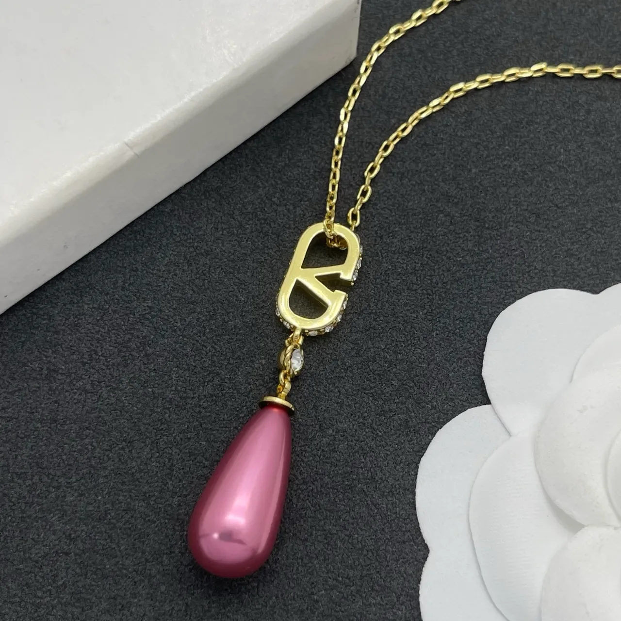 Gold Pink Chain Stylized Logo Pendant Necklace 6