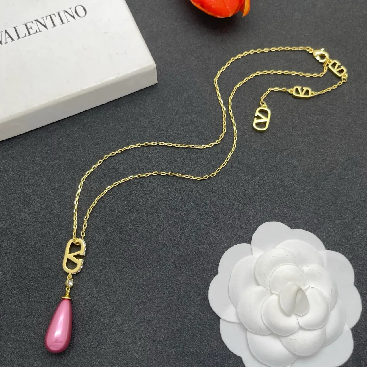 Gold Pink Chain Stylized Logo Pendant Necklace 7