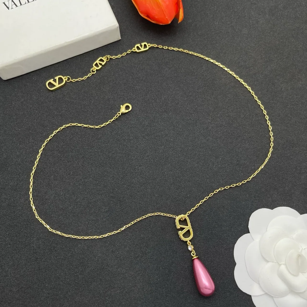 Gold Pink Chain Stylized Logo Pendant Necklace 8