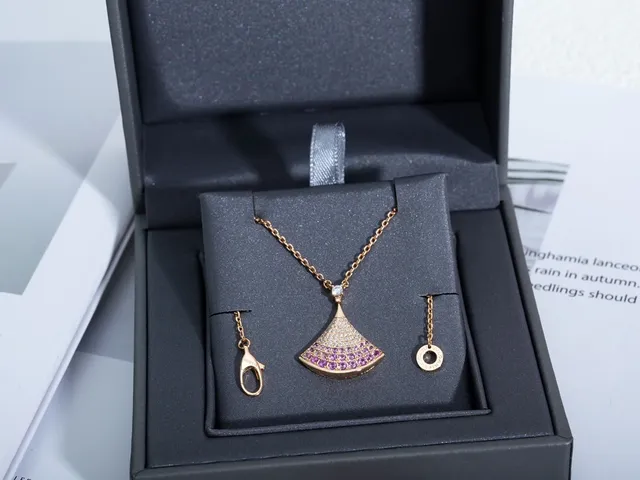 Gold Pink Fan-Shaped Pendant Pavé-Set Gemstones Necklace 2
