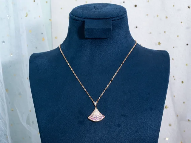 Gold Pink Fan-Shaped Pendant Pavé-Set Gemstones Necklace 3