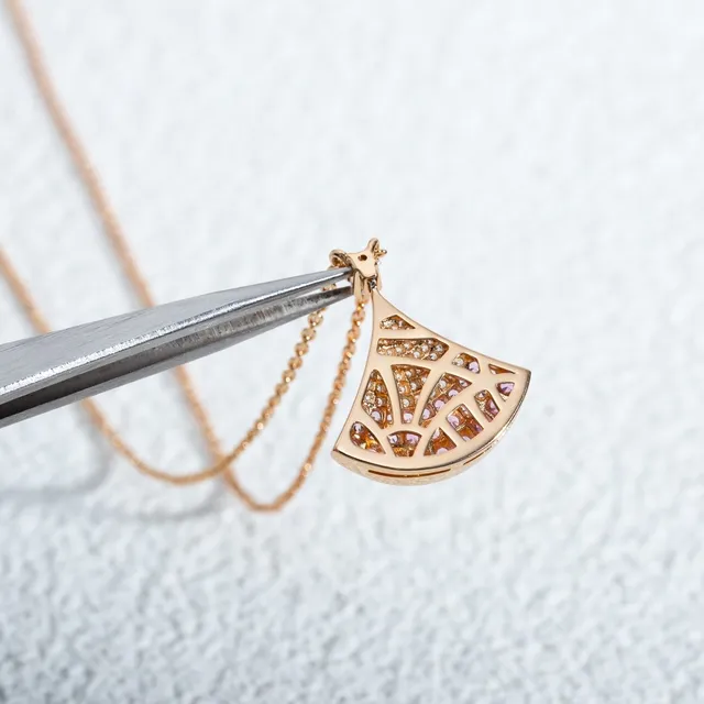 Gold Pink Fan-Shaped Pendant Pavé-Set Gemstones Necklace 4