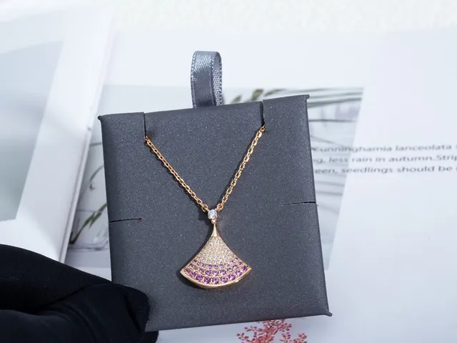 Gold Pink Fan-Shaped Pendant Pavé-Set Gemstones Necklace 5